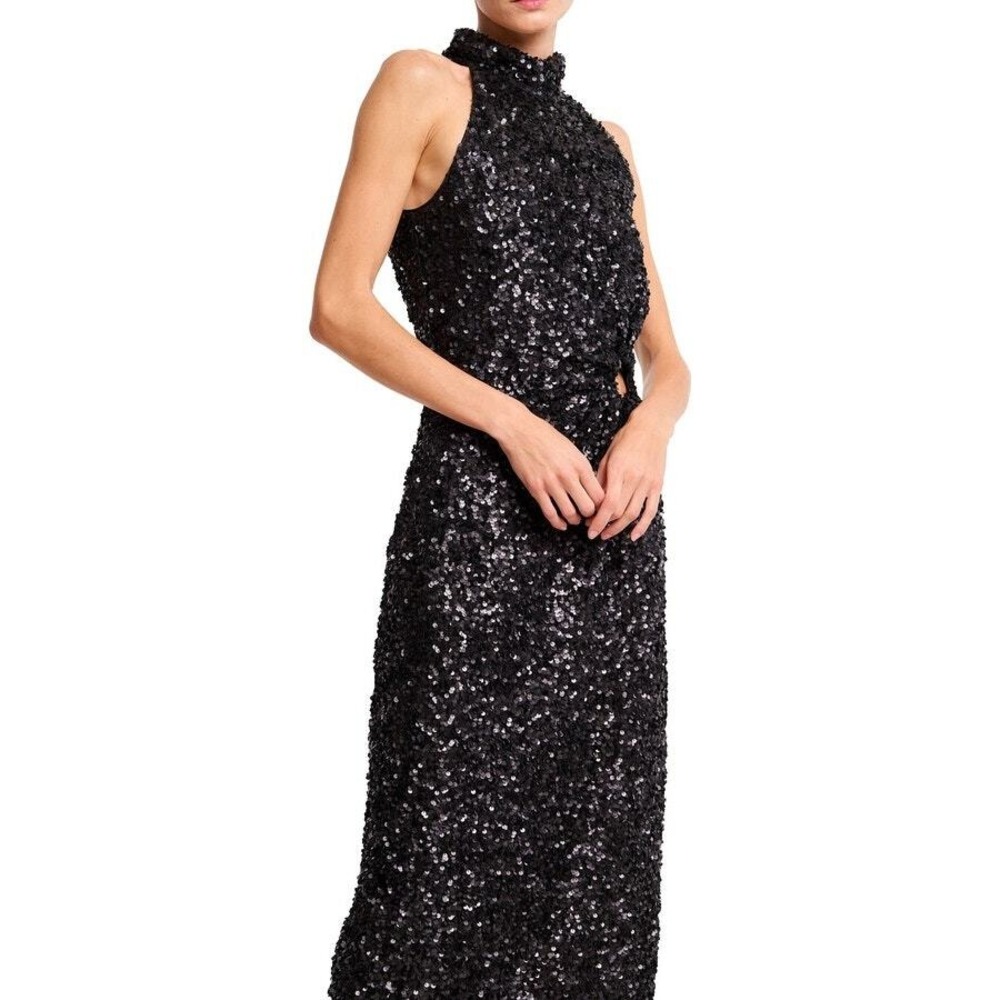 CIEBON Signy Sequin Asymmetrical Gown Womens Small Black Halter Midi Sleeveless - Picture 2 of 16